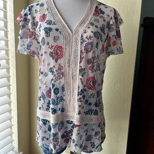 Democracy Floral Sheer Peplum Blouse Womens Large